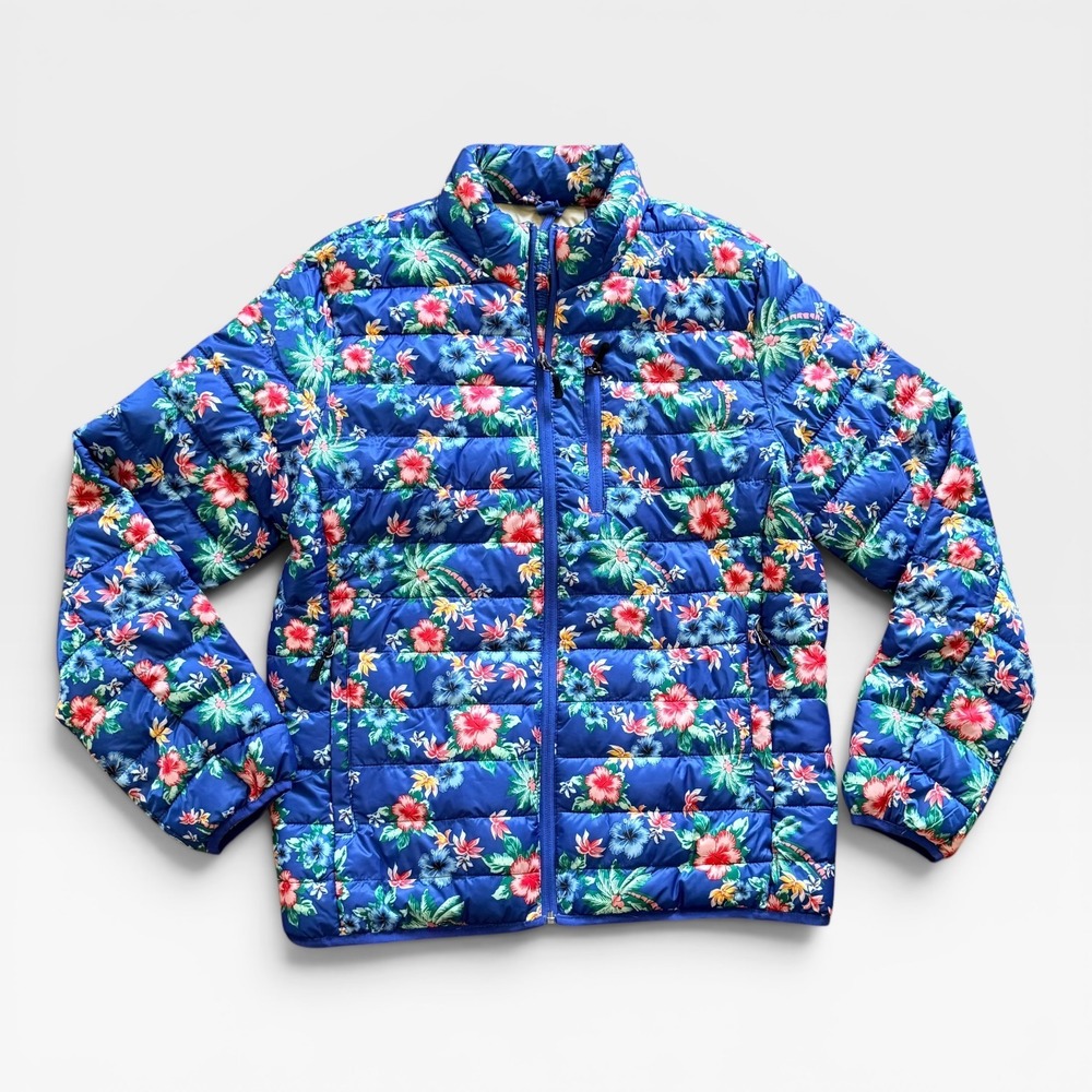 Club Room Womens Sz M Blue Tropical Floral Puffer Jacket Lightweight Quilted Zip